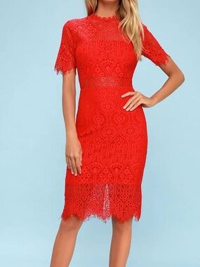 lulu’s remarkable red sheer lace short sleeve mini dress